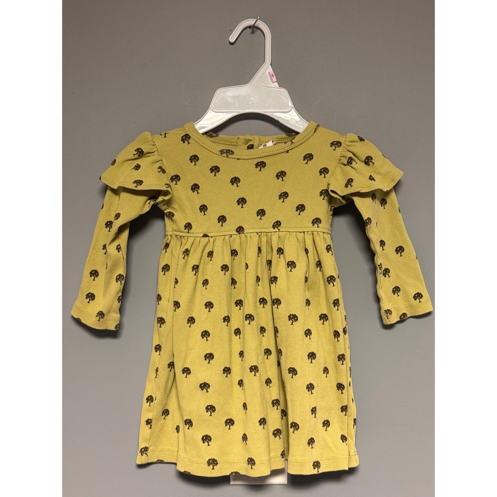 Kate Quinn 2T Green Tree Print Organic Cotton Rib Ruffle Dressed Boho Chic Fall